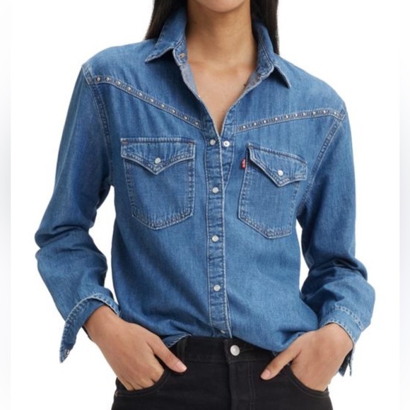 Levi's Tops - Levi's Medium Wash Sawyer Western Denim Studded Shirt